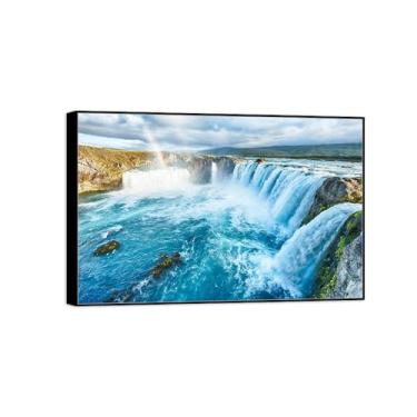 Imagem de BMZFYBS Impressão em tela de paisagem de arte de parede com moldura preta - Cachoeira Lago - Pintura de decoração - Imagens para quarto 70 x 105 cm 27 x 41 pol