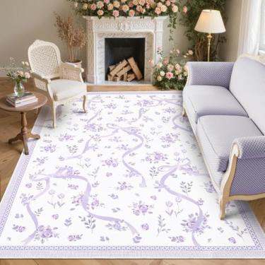 Imagem de GarveeHome Tapetes de laço roxo para quarto de meninas, tapete lavável 12 x 18 cm para sala de estar com pelo baixo macio, floral 12 x 18 cm, lavanda para sala de jantar, berçário, sala de jogos
