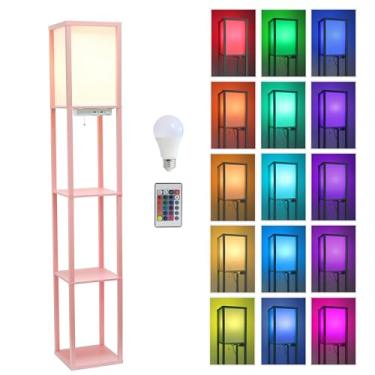 Imagem de Simple Designs LF1037-LPK-CCLB Luminária de chão organizadora de três prateleiras de 158,8 cm com 2 portas USB duplas e tomada de carregamento, rosa claro, com lâmpada LED que muda de cor incluída