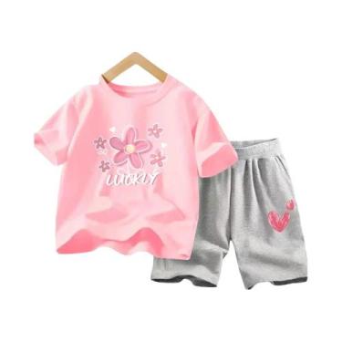 Imagem de Conjunto De Roupas De Verão Para Meninas Camiseta Com Flores E Shorts 