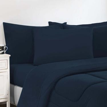 Imagem de Kit Edredom + Jogo De Lençol Malha 100% Algodão Gran Moratta 6 Peças King - Azul Marinho/Azul Marinho