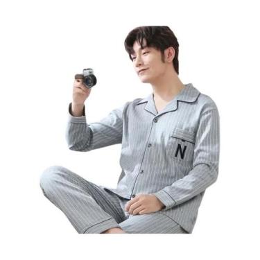 Imagem de Pijamas De Algodão De Manga Longa Para Homens Em Tamanhos Grandes, Con