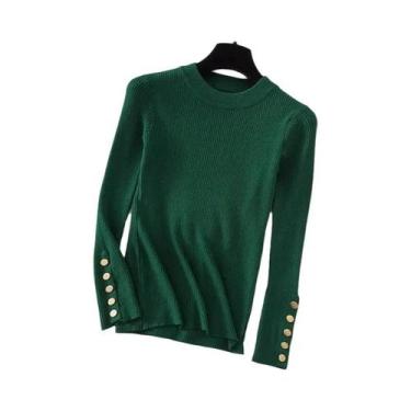 Imagem de Suéter Feminino Cáqui de Malha Grossa - Gola Redonda, Botão, Slim Fit 