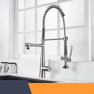 Imagem de Torneira de cozinha com bico duplo de puxar para baixo em latão maciço, alça única, torneira misturadora de pia de cozinha, preto fosco, níquel escovado, china