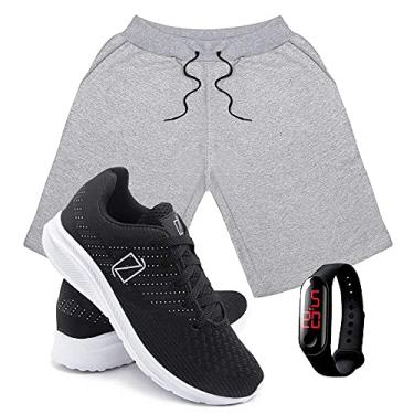 Imagem de Kit Bermuda Moletom Masculina + Tenis Masculino Conforto + Relógio Digital - Cinza-PretoBranco/M-42