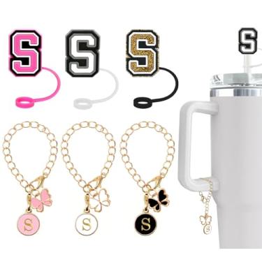 Imagem de Nuozme (3 + 3 capas de canudo compatíveis com copo Stanley Tumbler, 3 peças, tampas de palha com 3 pingentes de borboleta iniciais, nome ID para Stanley Copo de 30 e 1,134 g (capa de canudo de 3