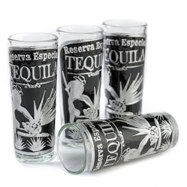 Imagem de MEXTEQUIL Conjunto de copos mexicanos feitos à mão (4 peças) com placa de alumínio Repousse (Jimador)