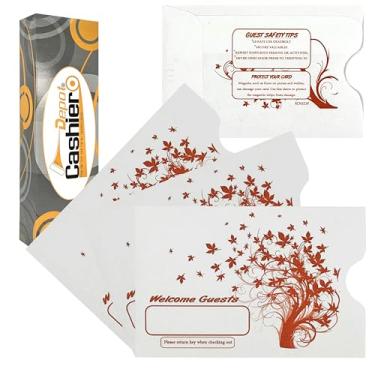 Imagem de 1000 capas para cartões de hotel – design "Welcome Guests" – 6,8 cm x 8,5 cm papel branco de 11 kg – serve para cartões padrão – impressão laranja – para hotéis, resorts, cruzeiros, condomínios