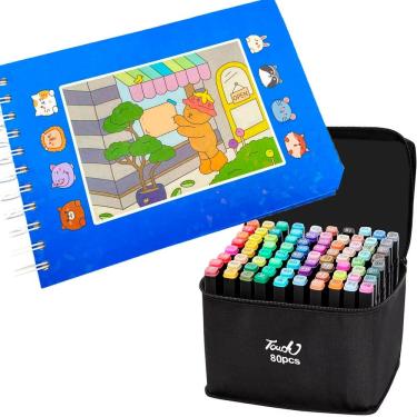 Imagem de Canetinhas 80 Cores Livro de Pintar Ursinho Fofo Desenho Colorir 100 Folhas Estojo Ponta Dupla Pintura