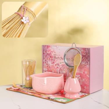 Imagem de DWEHIXBUY Conjunto de tigelas Matcha feitas à mão 8 peças - Xícaras de chá Chawan de cerâmica estilo japonês com arte floral e borda ondulada | Kit completo de cerimônia de chá Matcha em caixa de