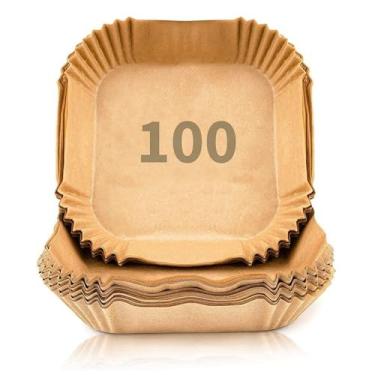 Imagem de 100 unidades Forma de Papel Quadrada Air Fryer Descartável Antiaderente, Microondas, Forno Elétrico Até 200°C - 16x16x4,5cm
