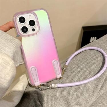Imagem de Capa de couro de luxo com cordão para pulso Aurora Gradient Case para iPhone 16 15 14 13 Pro Max Plus 12 11 Laser Shockproof Slim Cover (para iPhone 14 Plus/ROXO)