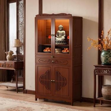 Imagem de Mesa de altar pessoal de bambu com gaveta, armário de nicho de buda chinês para meditação, queimador de incenso para orações e adivinhação (68 cm)