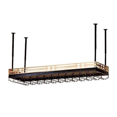Imagem de Suporte de teto para copos de vinho, rack de vinho suspenso com suporte de vidro e prateleira, suporte de garrafa de vinho industrial de 2 camadas, prateleira de teto de metal preto para bar, café