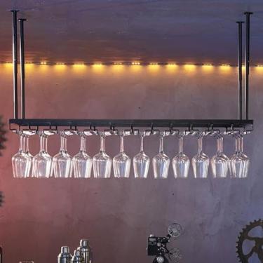 Imagem de Prateleiras de metal preto, suporte de taça de vinho suspenso, organizador de teto, suporte de garrafa de vinho, prateleiras de copo de vinho de cabeça para baixo, despensa, adega, bar (80 x 35 cm (32