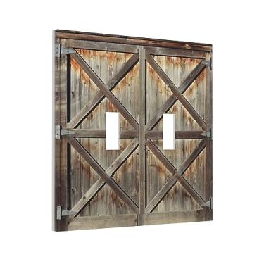 Imagem de Portas de celeiro de madeira marrom desgastadas rústicas com interruptor duplo interruptor de luz decorativa placa de parede de 2 entradas placa elétrica para casa de fazenda banheiro casa sala de