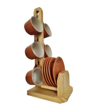 Imagem de Porta Xícara Caneca Suporte de Madeira 6 Ganchos - Art & Lar Artesanat