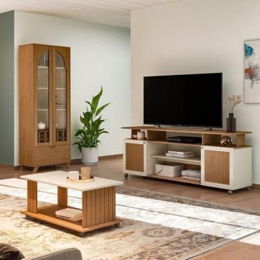 Imagem de Kit para Sala de Estar Rack e Mesa de Centro e Cristaleira Murano Cinamomo/Off White