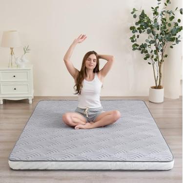 Imagem de Zelladorra Colchão japonês, colchão futon acolchoado com fundo antiderrapante, cama de chão dobrável com bolsa de armazenamento e alças (cinza claro, Queen)