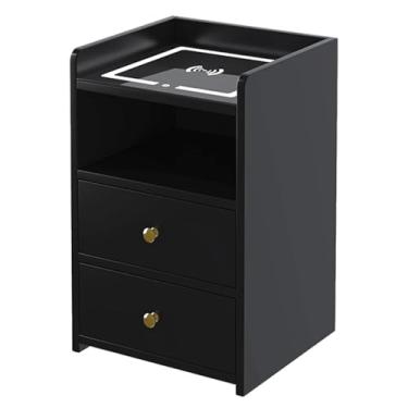Imagem de mesa de cabeceira inteligente com 2 gavetas, mesa de cabeceira moderna de madeira com compartimento aberto, mesa lateral minimalista