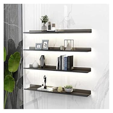 Imagem de Prateleiras flutuantes luz LED incorporada montada na parede, prateleiras emissores de luz de metal prateleira de exibição de parede criativo refletor anti-queda para barra de entrada sala de estar