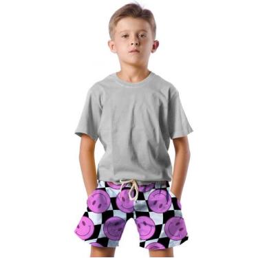 Imagem de Shorts Infantil Bermuda Calção Praia Verão Xadrez Emoji Funny Rosa 454