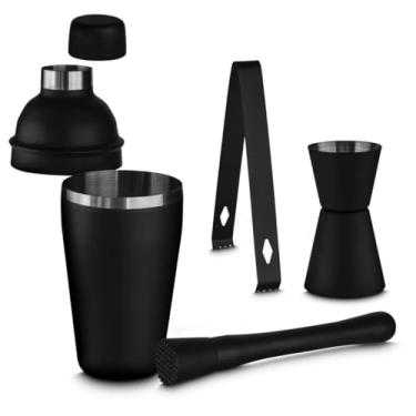 Imagem de Conjunto Coqueteleira Profissional Kit 4 Peças para Drinks – Aço Inox 500ml Preto Fosco, com Socador, Dosador e Pinça | Bar, Cocktail e Mixologia