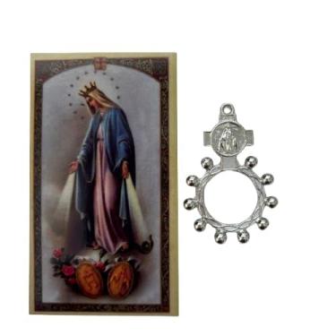 Imagem de Anel de Rosário Oxidado Prata com Cartão de Oração Virgem Maria, Rosário Devocional Religioso, Tamanho Único, Design Católico Tradicional