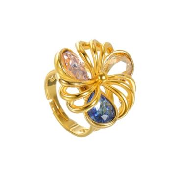 Imagem de Aliança de casamento com flor de zircônia cúbica ajustável, anel aberto para mulheres, anel de compromisso de margarida floral vazado de aço inoxidável, ajuste confortável, aliança de empilhamento