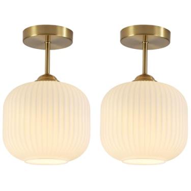 Imagem de Flyrose Luminária de teto de vidro de leite, montagem embutida, pequena, meados do século, luminárias de cozinha, vintage, ouro escovado, semi nivelado, luminária de teto para corredor do quarto