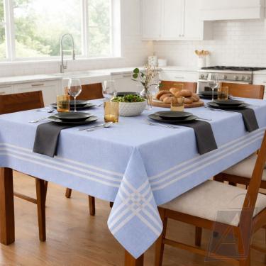 Imagem de Toalha de Mesa 4 Cadeiras Paris Azul Listrada  Algodão