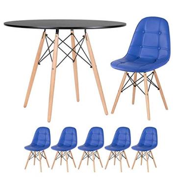 Imagem de Loft7, Kit Mesa Eames 100 cm preto + 5 cadeiras estofadas Eiffel Botonê azul