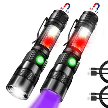 Imagem de Lanterna UV recarregável, lanterna tática 3 em 1 LED luz negra UV com luz vermelha, lanterna LED magnética de alto lúmen de 1200 com luz lateral COB, 7 modos, zoomable, à prova d'água para acampamento, pacote com 2