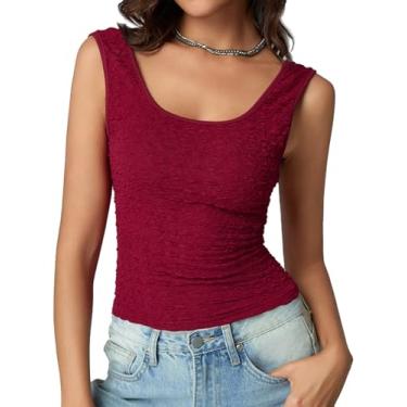 Imagem de Tankaneo Camiseta regata feminina gola quadrada verão texturizada, caimento justo, sem mangas, Vinho tinto, P
