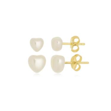 Imagem de Brinco Dupla Pérola Coração Banhado a Ouro 18k - Mariah Store Semijoia