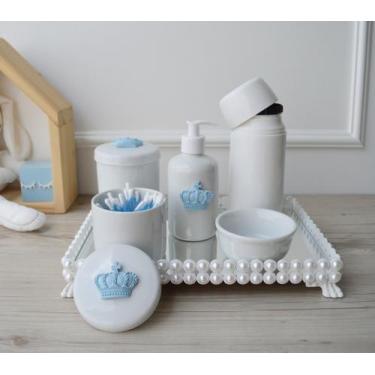 Imagem de Kit Higiene Porcelana Bebê K048 Azul Térmica Bandeja Pérola Branco Ban