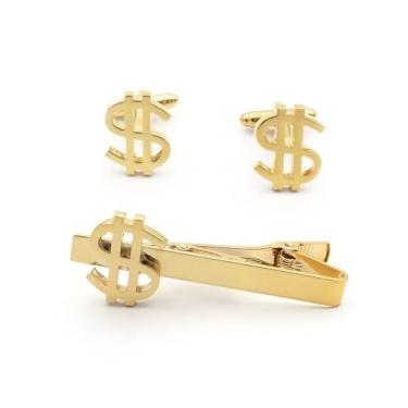 Imagem de Conjunto de clipe de gravata e abotoaduras douradas em símbolo de dólar, acessórios financeiros elegantes para homens, para empreendedores, Medium, latão, Sem Pedra Preciosa