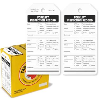Imagem de SmartSign Pacote com 100 etiquetas de registro de inspeção de empilhadeira, etiquetas escritas nos dois lados na caixa dispensadora, caixas de seleção para