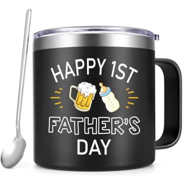 Imagem de Qtencas New Dad Gifts, First Time Dad Gifts, Happy 1st Father's Day Isolado Caneca de Café de Aço Inoxidável, Primeiro Dia dos Pais Presente para ser Novo Pai da Esposa Crianças, 400 ml Preto