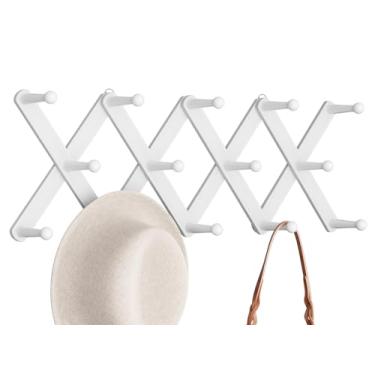 Imagem de Optish Cabide de parede sanfonado com 14 pinos, suporte de parede expansível, suporte de chapéu de madeira para parede, cabides de chapéu para pendurar casaco, bolsa, caneca (branco)