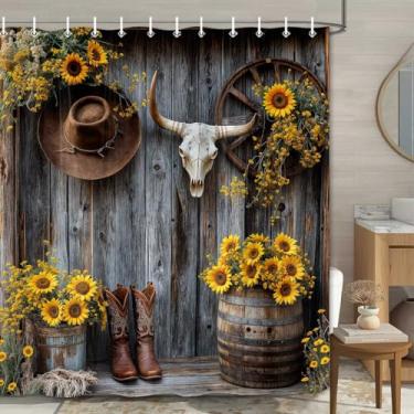 Imagem de Cortina de chuveiro Farmhouse Western, rústica porta de celeiro, botas country marrom sudoeste, cortina de banho caubói floral amarela, tecido impermeável, acessórios de banheiro, conjunto de cortinas
