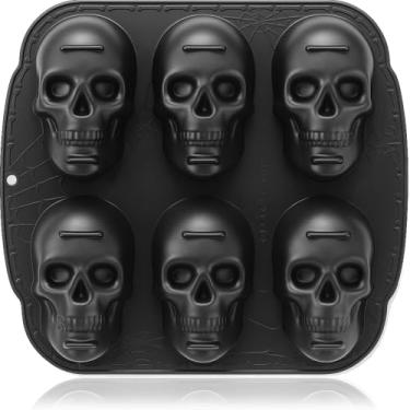 Imagem de HKNMTT Assadeira de silicone de caveira para bolo de pizza de Halloween, 6 cavidades grandes moldes 3D, cabeça de esqueleto antiaderente para sabonete, bandeja de gelo, seguro para forno