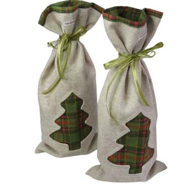 Imagem de Bolsa Porta Vinho em Linho com Aplique Pinheiro de Natal e Forro Xadrez