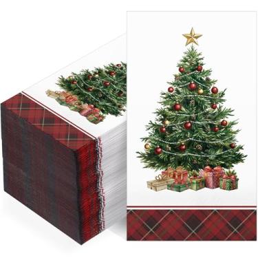 Imagem de Pajean 200 guardanapos de Natal descartáveis a granel toalhas de mão decorativas para convidados árvore de Natal guardanapos de coquetel xadrez búfalo para festa de Natal, férias, almoço, jantar