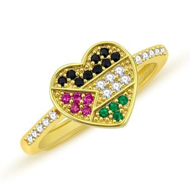 Imagem de Vivaday Anel moderno aberto ajustável com bandeira da Palestina | Joias de zircônia cúbica em forma de coração | Anéis modernos para uso diário feminino YA6339, Medium, Metal, Zircônia cúbica