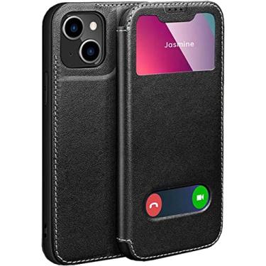 Imagem de ORKDFJ Capa de telefone de janela transparente de couro, para Apple iPhone 14 Plus capa de 6,7 polegadas 2022 Folio Kickstand Cover, pode atender chamadas rapidamente (Cor: Preto)