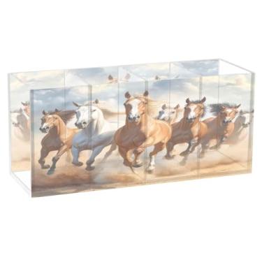 Imagem de Burbuja Porta-canetas de acrílico Running Horses com 4 compartimentos, suporte de lápis transparente para pincéis de maquiagem, acessórios de mesa de escritório em casa