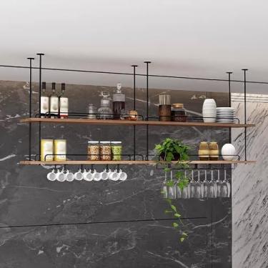 Imagem de Rack de copo de vinho de teto, rack de vinho suspenso com suporte de vidro e prateleira, altura de tábuas ajustáveis, prateleira de montagem no teto com guardrail, para bar, cozinha (cor: preto