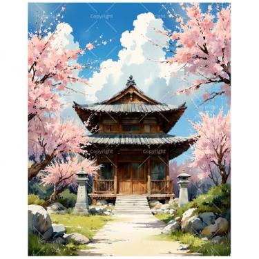 Imagem de TAOPAOLAB Kit de pintura de templo de flor de cerejeira por números para adultos - Pagode de tradição DIY com árvores Sakura pintura em tela 40,6 x 50,8 cm, conjunto de tinta acrílica, adequado para