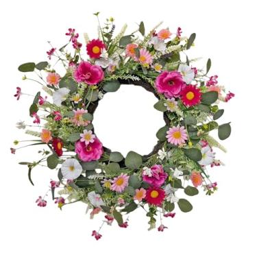 Imagem de Guirlanda floral artificial de 61 cm para porta da frente, flores artificiais realistas com vegetação exuberante, decoração de casa sazonal fácil de pendurar para entrada, parede ou cornija